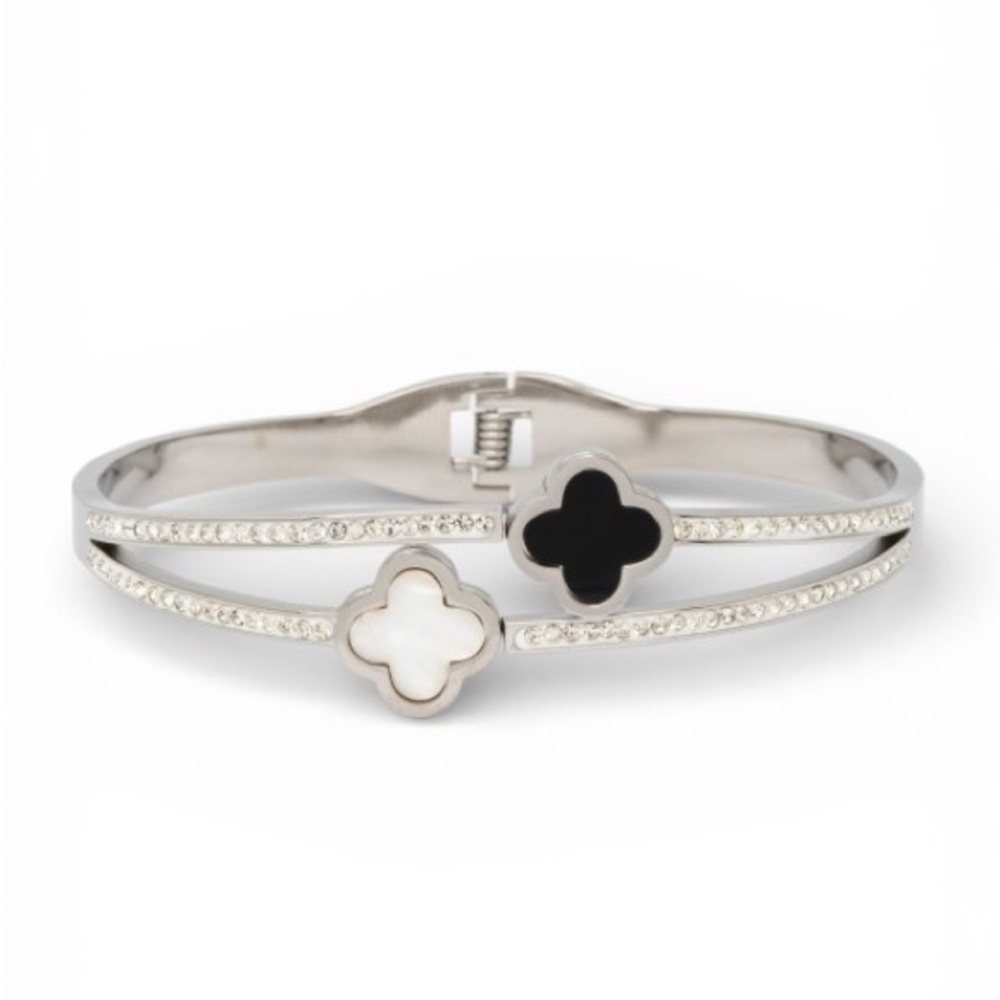 Luxury Clover Crystal Double Row Bangle Bracelet | Gold or Silver | Boutique